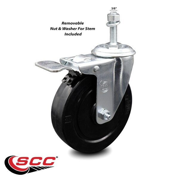 5 Inch Soft Rubber Wheel Swivel 3/8 Inch Stem Caster with Total Lock Brake SCC